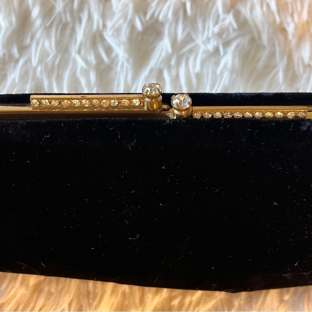 Vintage SAKS FIFTH AVENUE Black Velvet Culch Gold Metal Rhinestones Bag Purse - Picture 2 of 10